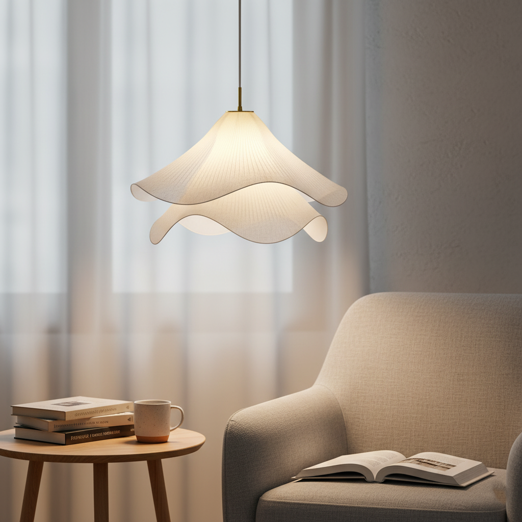 White Japandi Fabric pendant lights LED Light With Wavy Shade