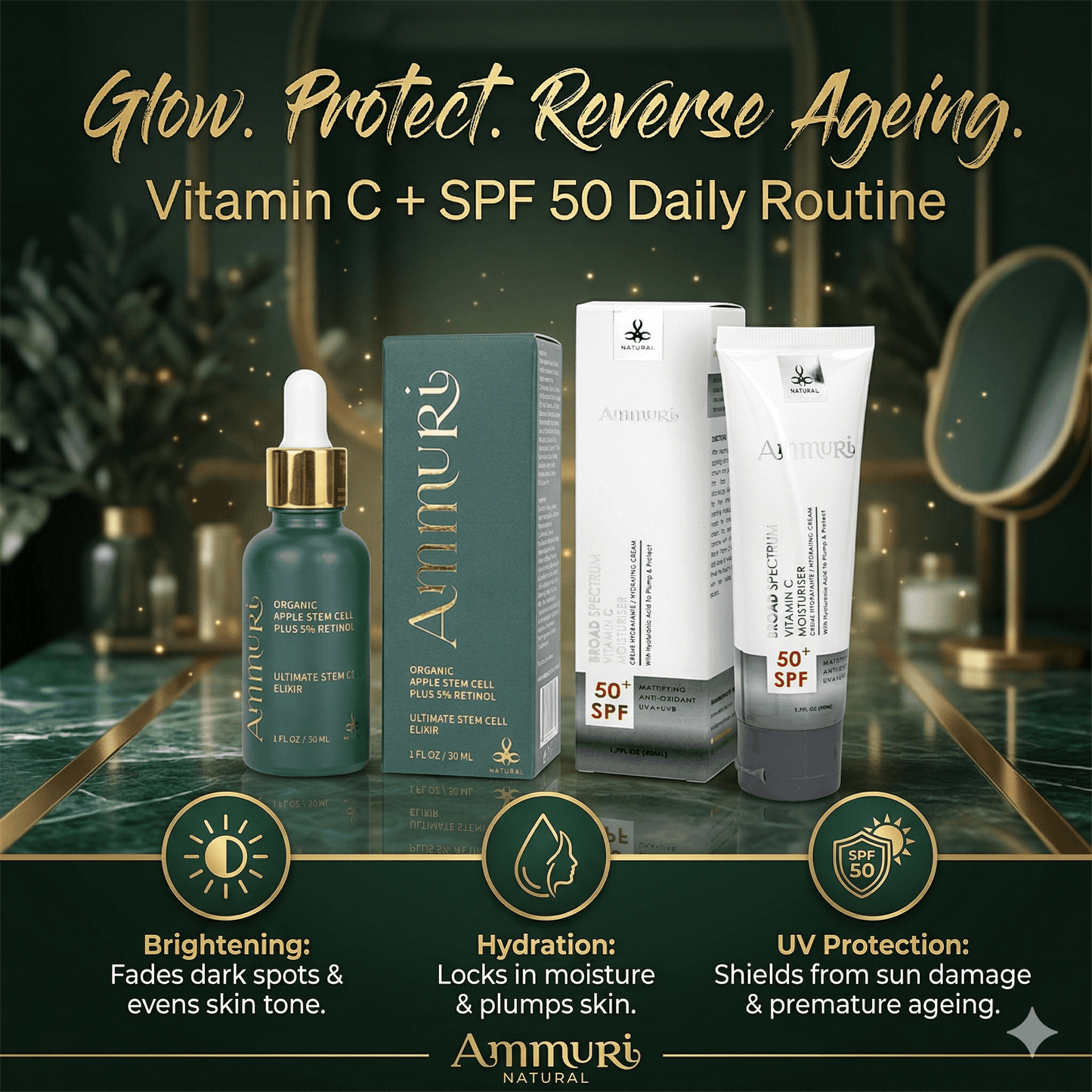 Ammuri Vitamin C Retinol Serum & SPF 50 Cream Brightening Skincare Routine Glow