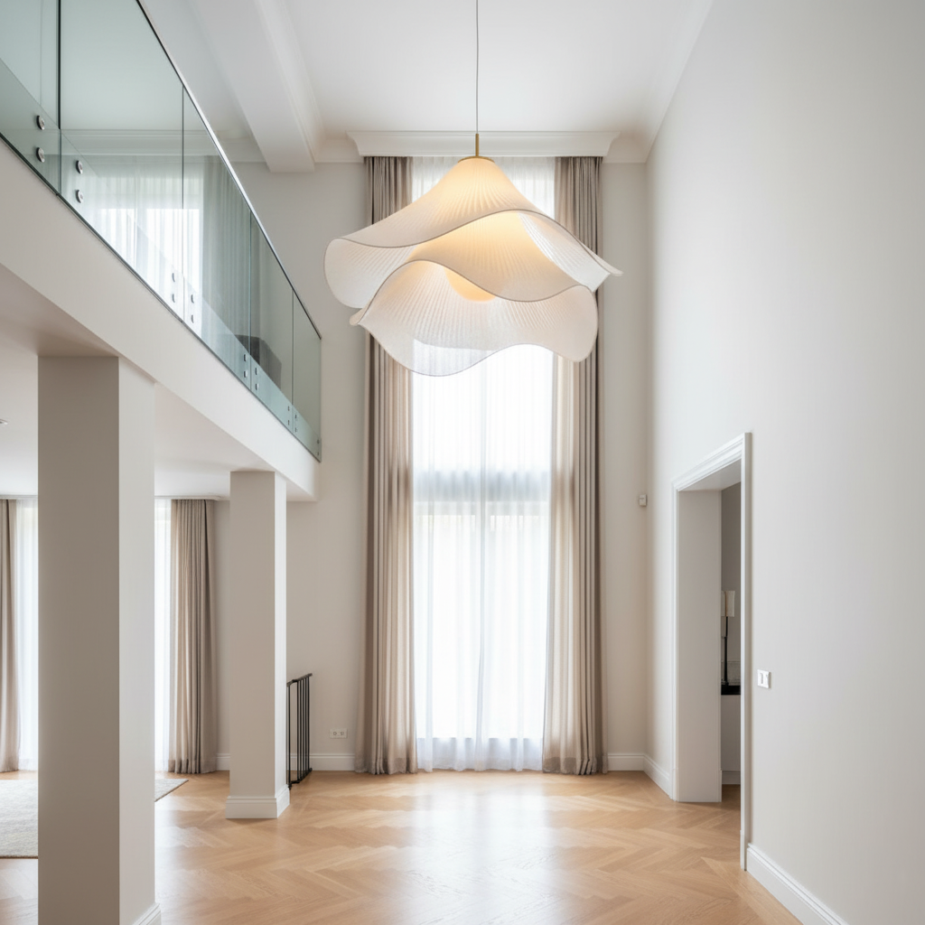 White Japandi Fabric pendant lights LED Light With Wavy Shade