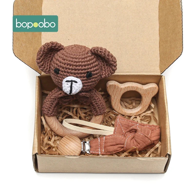 Bopoobo Crochet Bunny Teether Rattle Set - 3PCS Beech Wood Pacifier Chain for Newborns