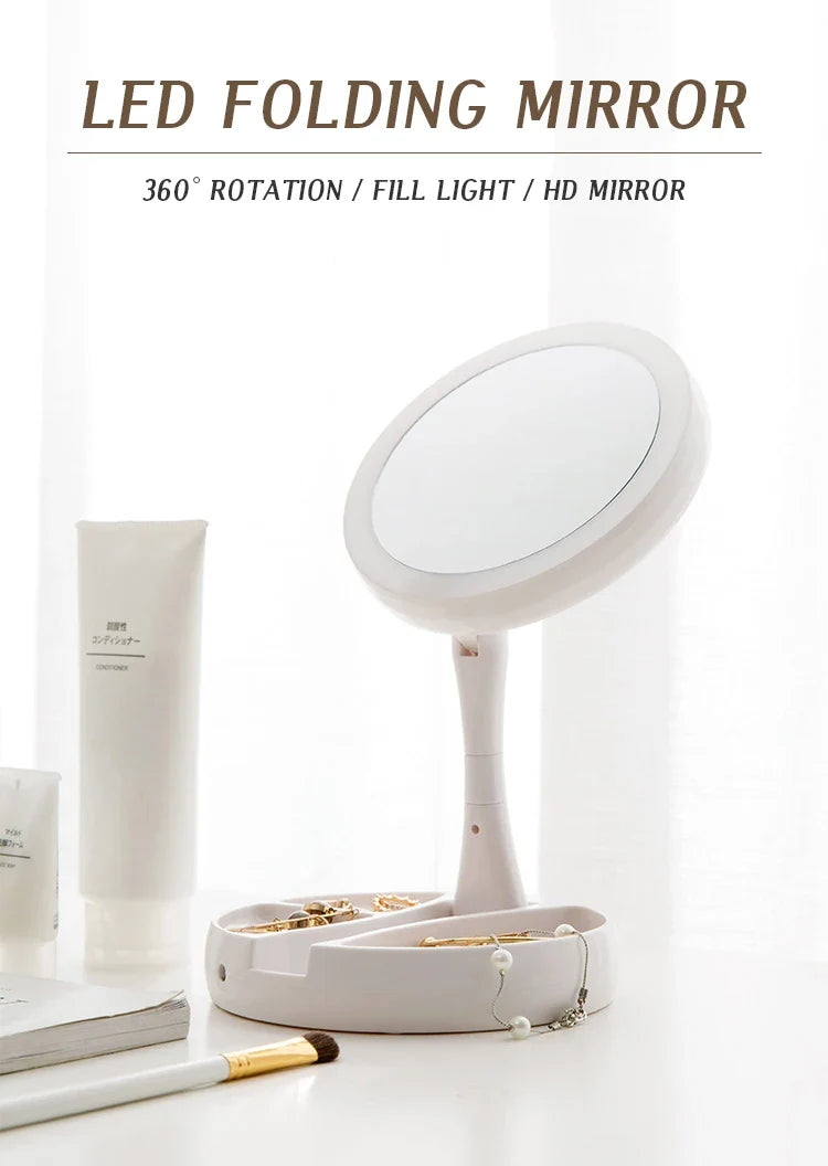 Makeup Mirror with Light – LED Vanity Mirror, 3 Light Modes, USB Charging, 360° Rotation & Storage Base