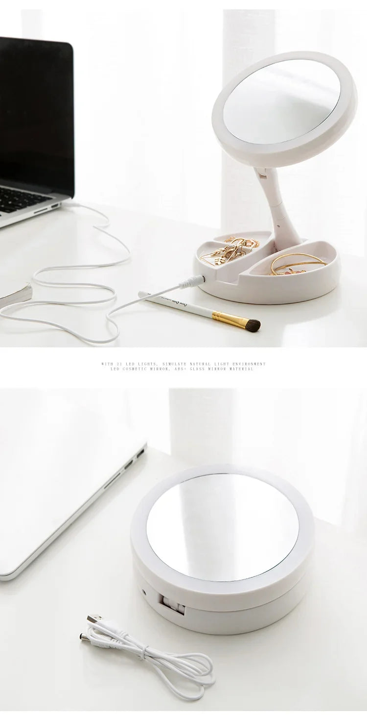 Makeup Mirror with Light – LED Vanity Mirror, 3 Light Modes, USB Charging, 360° Rotation & Storage Base