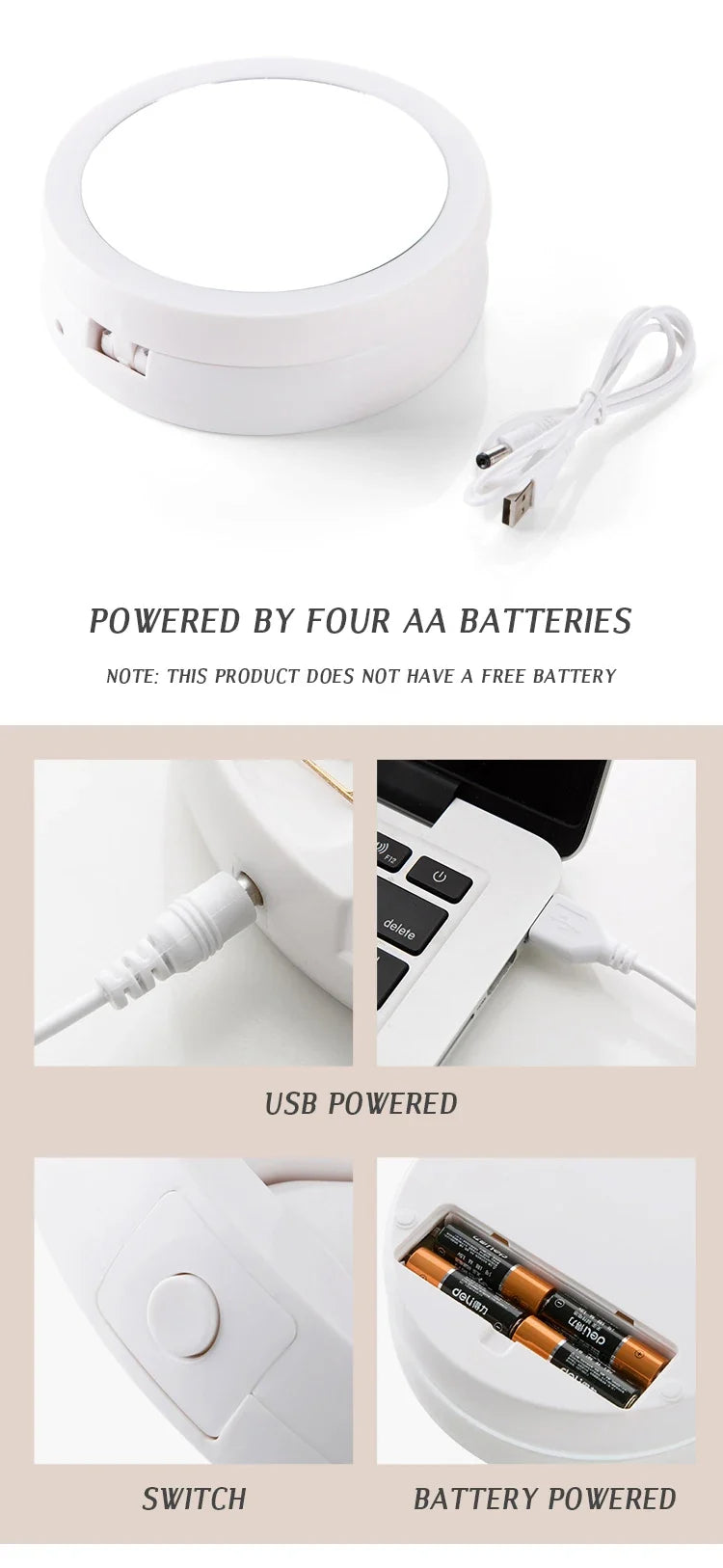 Makeup Mirror with Light – LED Vanity Mirror, 3 Light Modes, USB Charging, 360° Rotation & Storage Base
