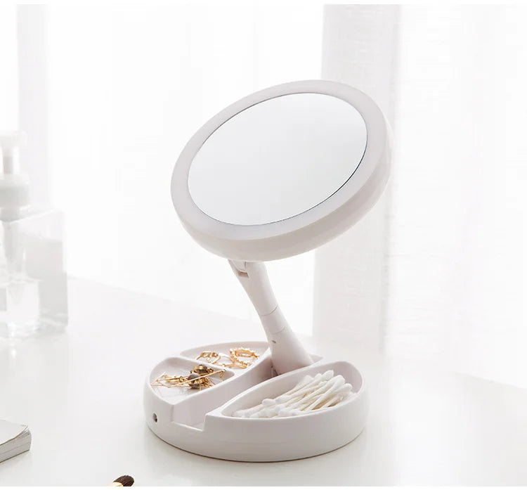 Makeup Mirror with Light – LED Vanity Mirror, 3 Light Modes, USB Charging, 360° Rotation & Storage Base