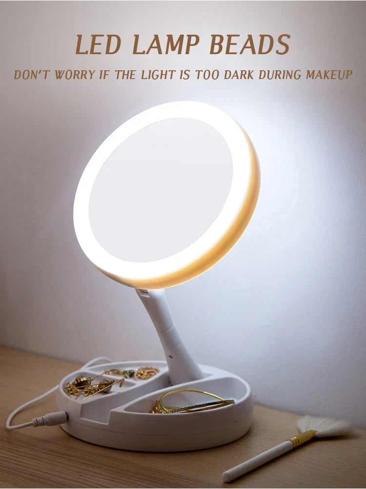 Makeup Mirror with Light – LED Vanity Mirror, 3 Light Modes, USB Charging, 360° Rotation & Storage Base