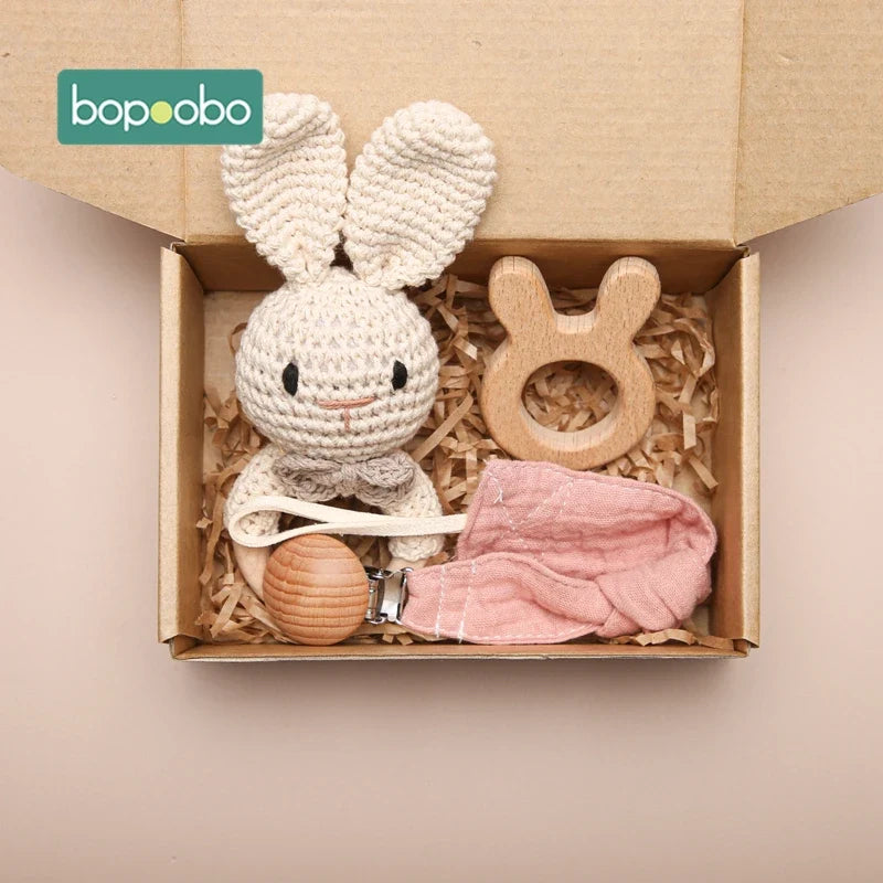Bopoobo Crochet Bunny Teether Rattle Set - 3PCS Beech Wood Pacifier Chain for Newborns