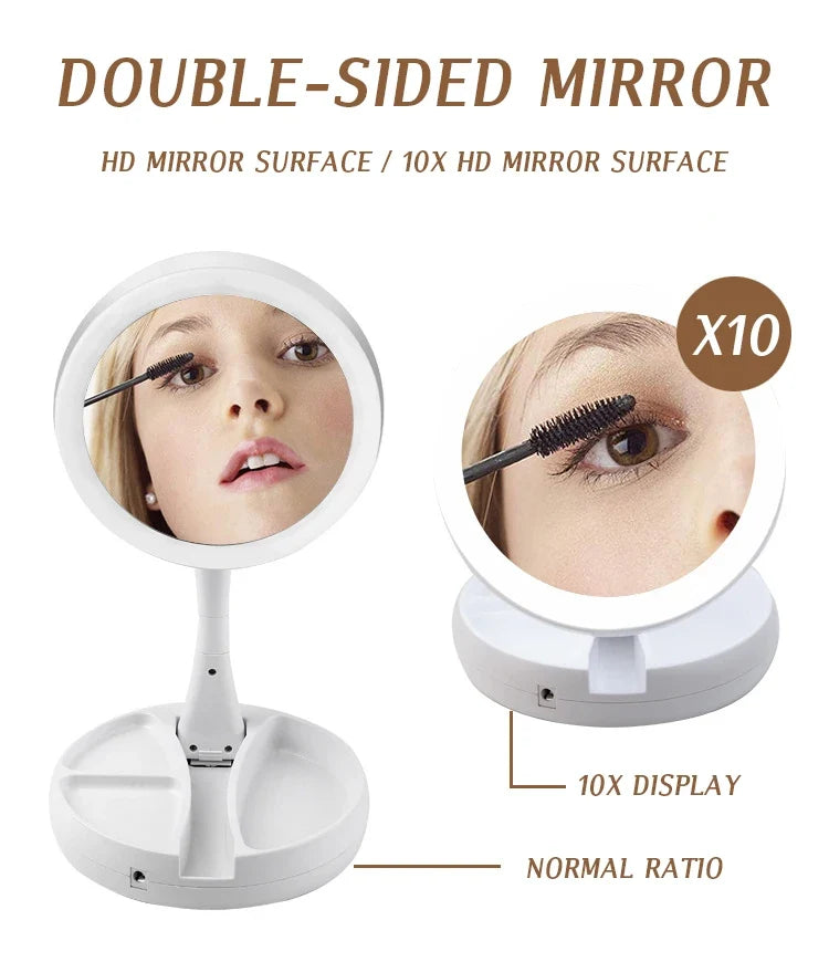 Makeup Mirror with Light – LED Vanity Mirror, 3 Light Modes, USB Charging, 360° Rotation & Storage Base