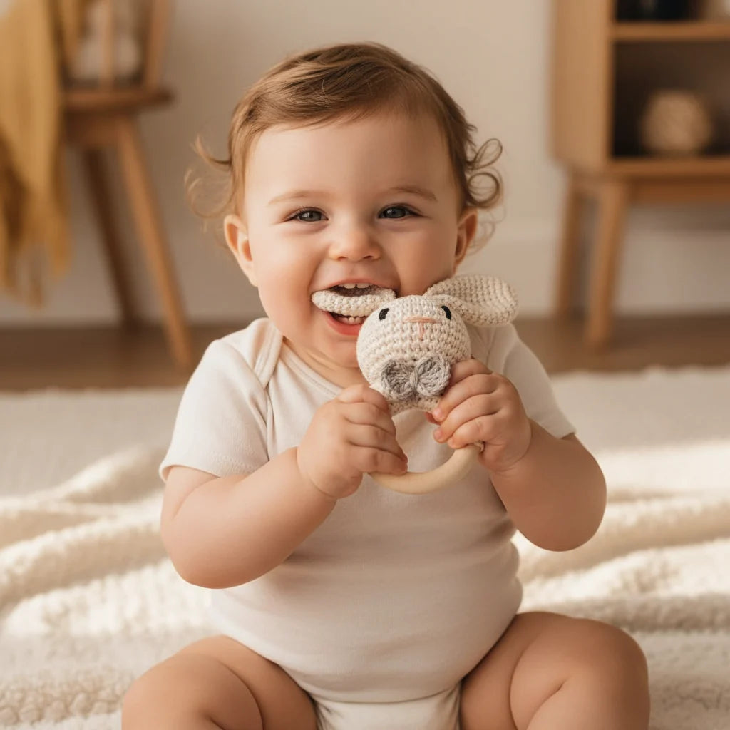 Bopoobo Crochet Bunny Teether Rattle Set - 3PCS Beech Wood Pacifier Chain for Newborns