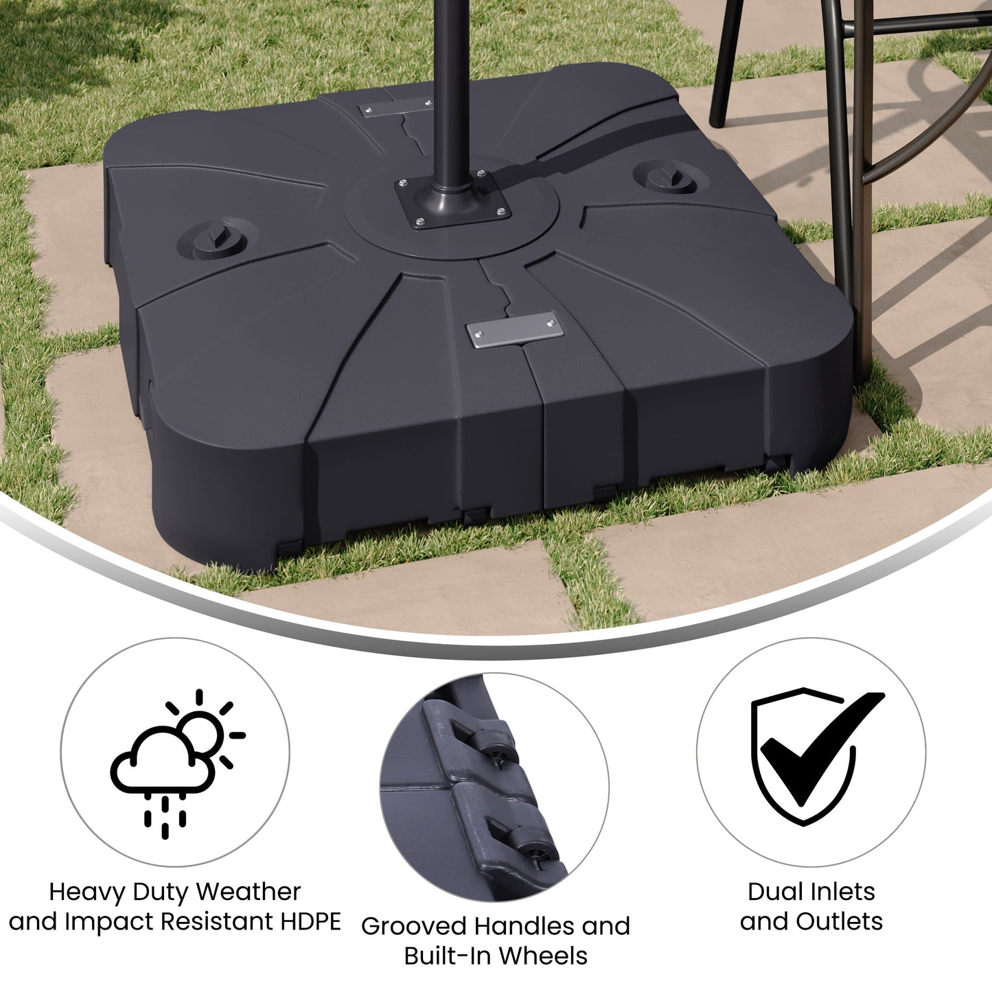 Hank Heavy Duty Weather-Resistant Universal Offset Umbrella Base with Grooved Handles and Built-In Wheels