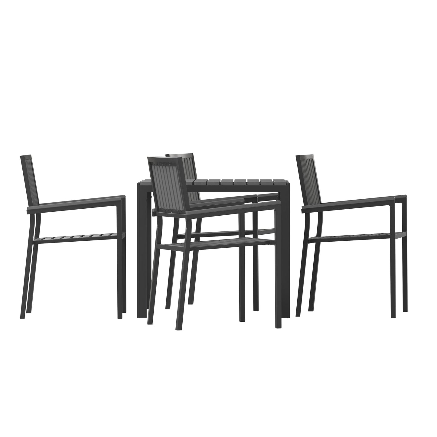 Harris Commercial 5 Piece Indoor-Outdoor Table and Chairs, Square Table with Poly Resin Top, 4 Metal Chairs with Poly Resin Backs & Seats
