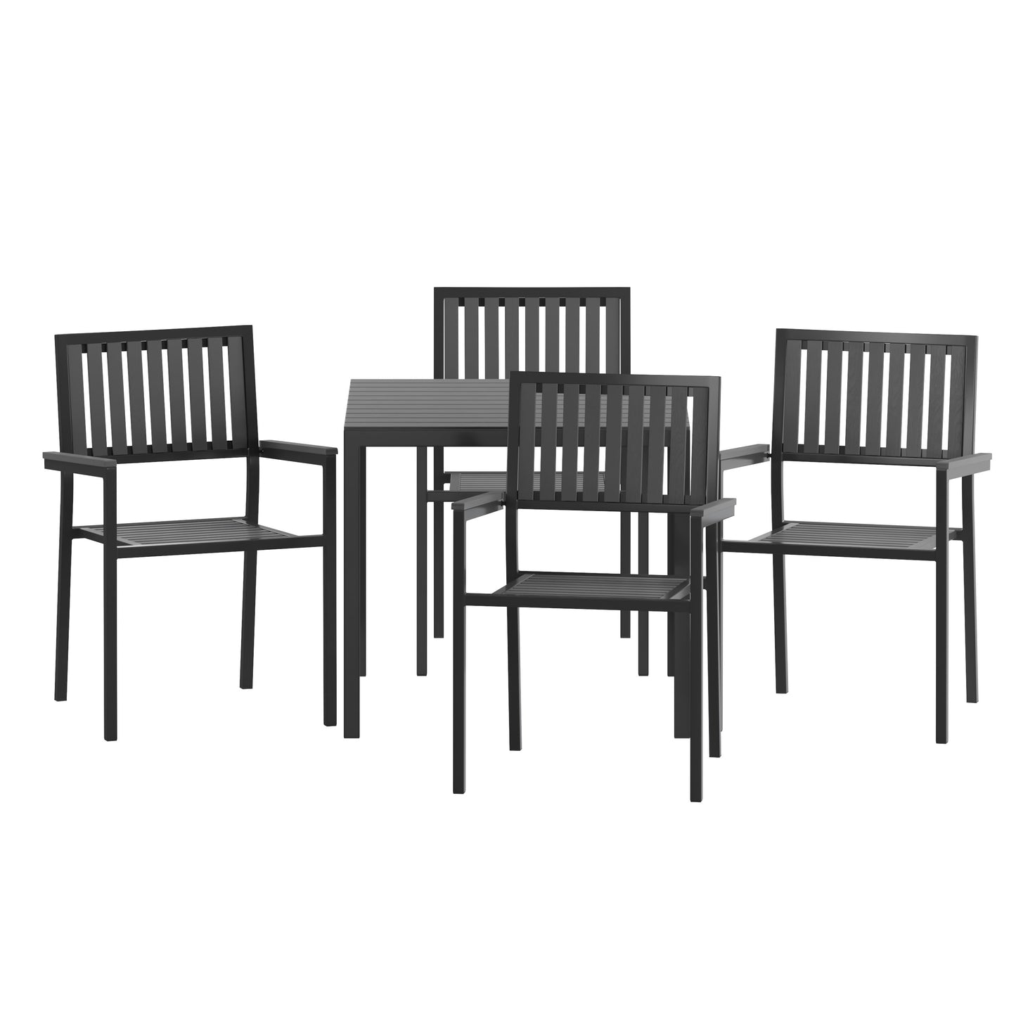 Harris Commercial 5 Piece Indoor-Outdoor Table and Chairs, Square Table with Poly Resin Top, 4 Metal Chairs with Poly Resin Backs & Seats