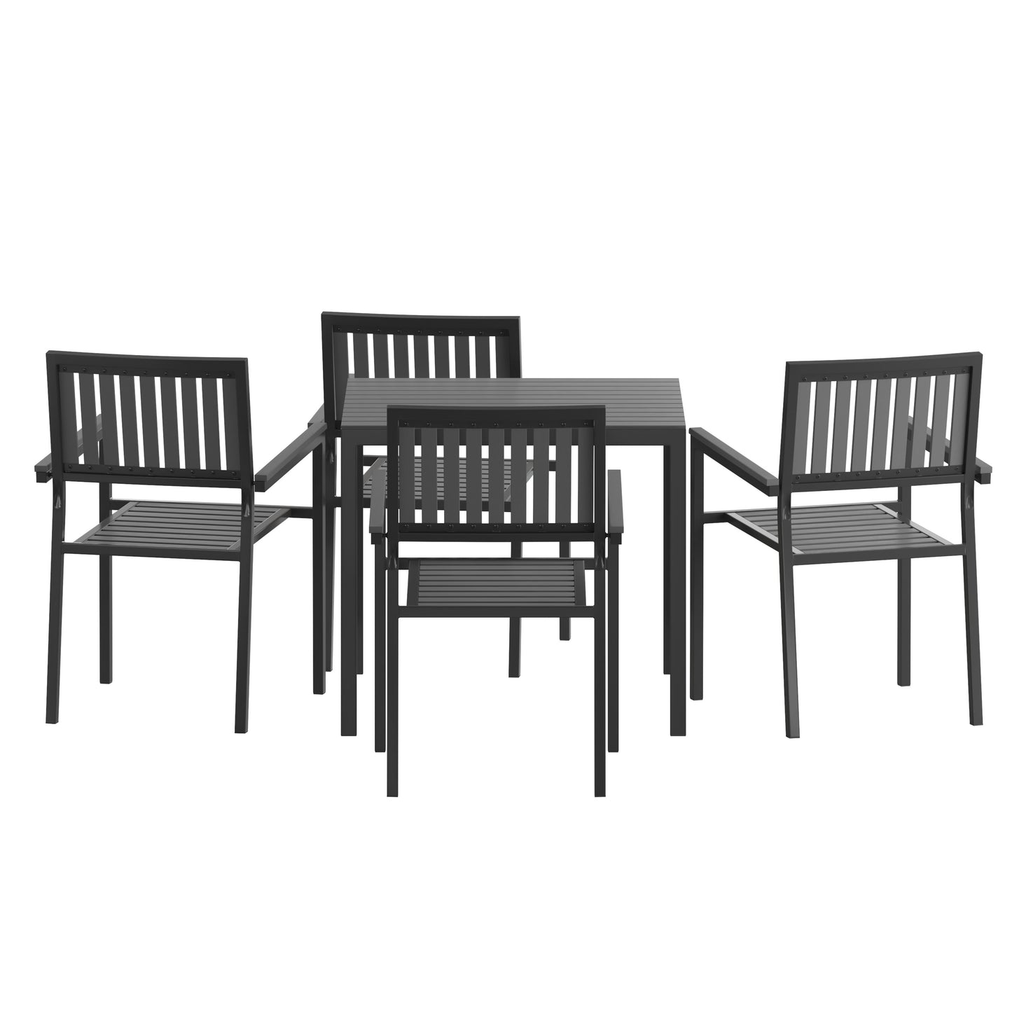 Harris Commercial 5 Piece Indoor-Outdoor Table and Chairs, Square Table with Poly Resin Top, 4 Metal Chairs with Poly Resin Backs & Seats