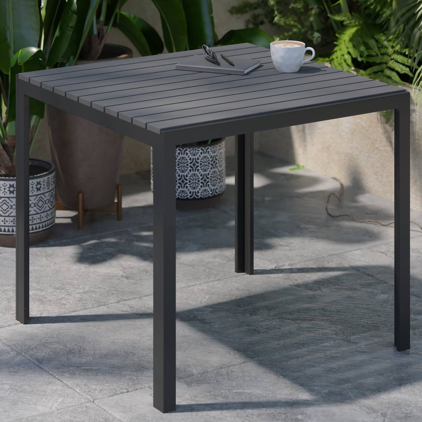 Harris Commercial Grade Indoor/Outdoor Square Steel Patio Dining Table for 4 with Poly Resin Slatted Top