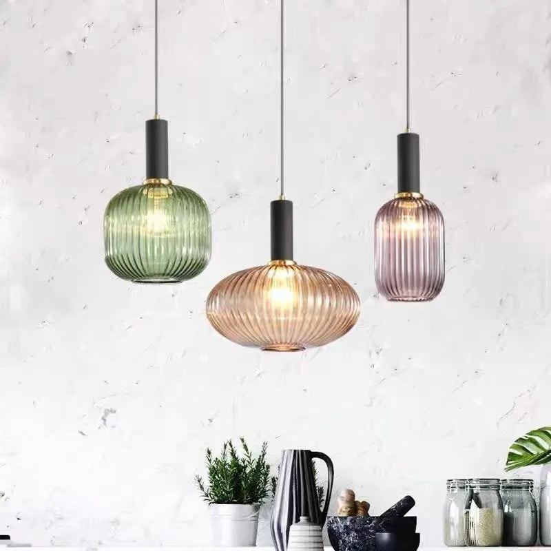 Ribbed Glass Pendant Lights With Metal Tube Fitting