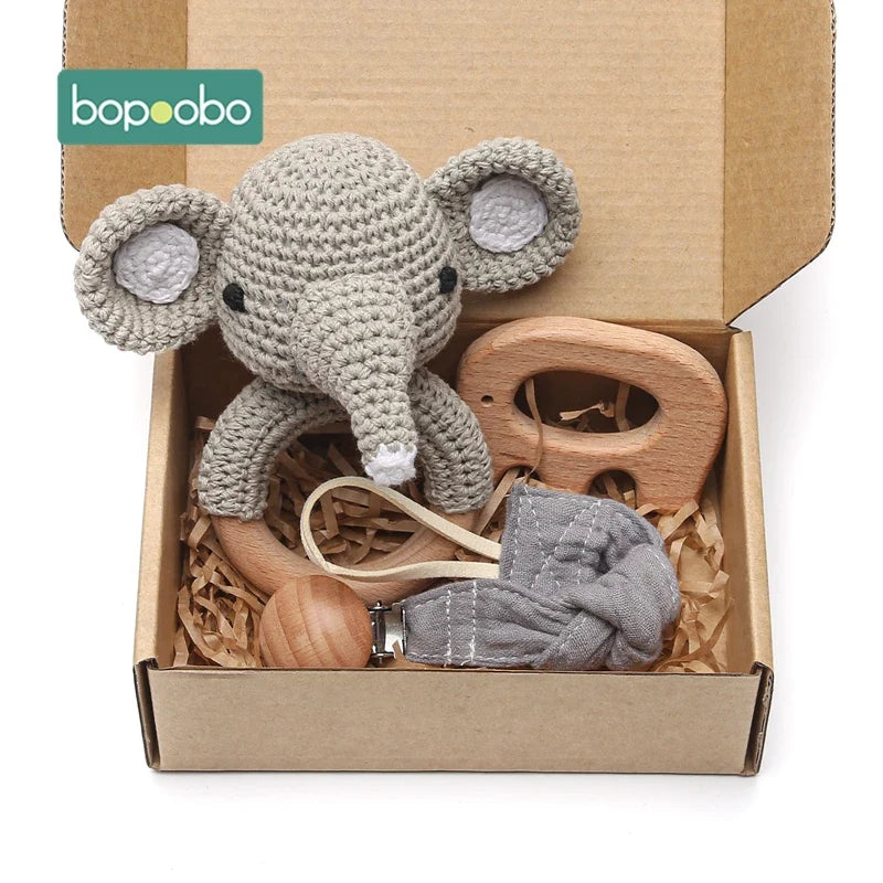 Bopoobo Crochet Bunny Teether Rattle Set - 3PCS Beech Wood Pacifier Chain for Newborns