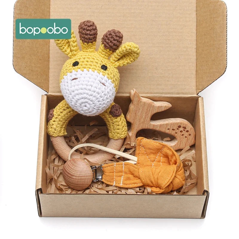 Bopoobo Crochet Bunny Teether Rattle Set - 3PCS Beech Wood Pacifier Chain for Newborns