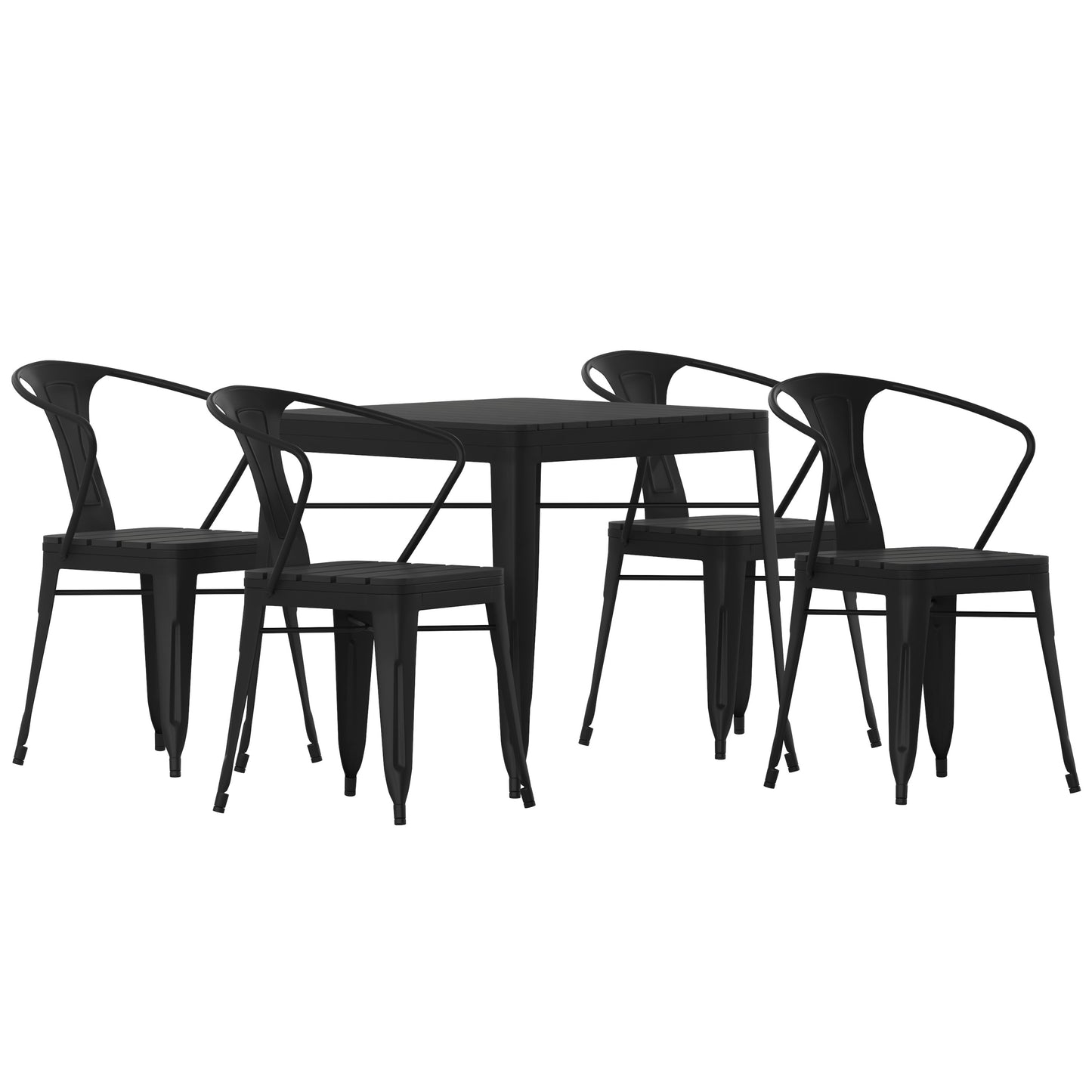 Helvey Commercial 5 Piece Indoor-Outdoor Table and Chairs, 31.5" Square Table with Poly Resin Top, 4 Metal Chairs with Poly Resin Seats