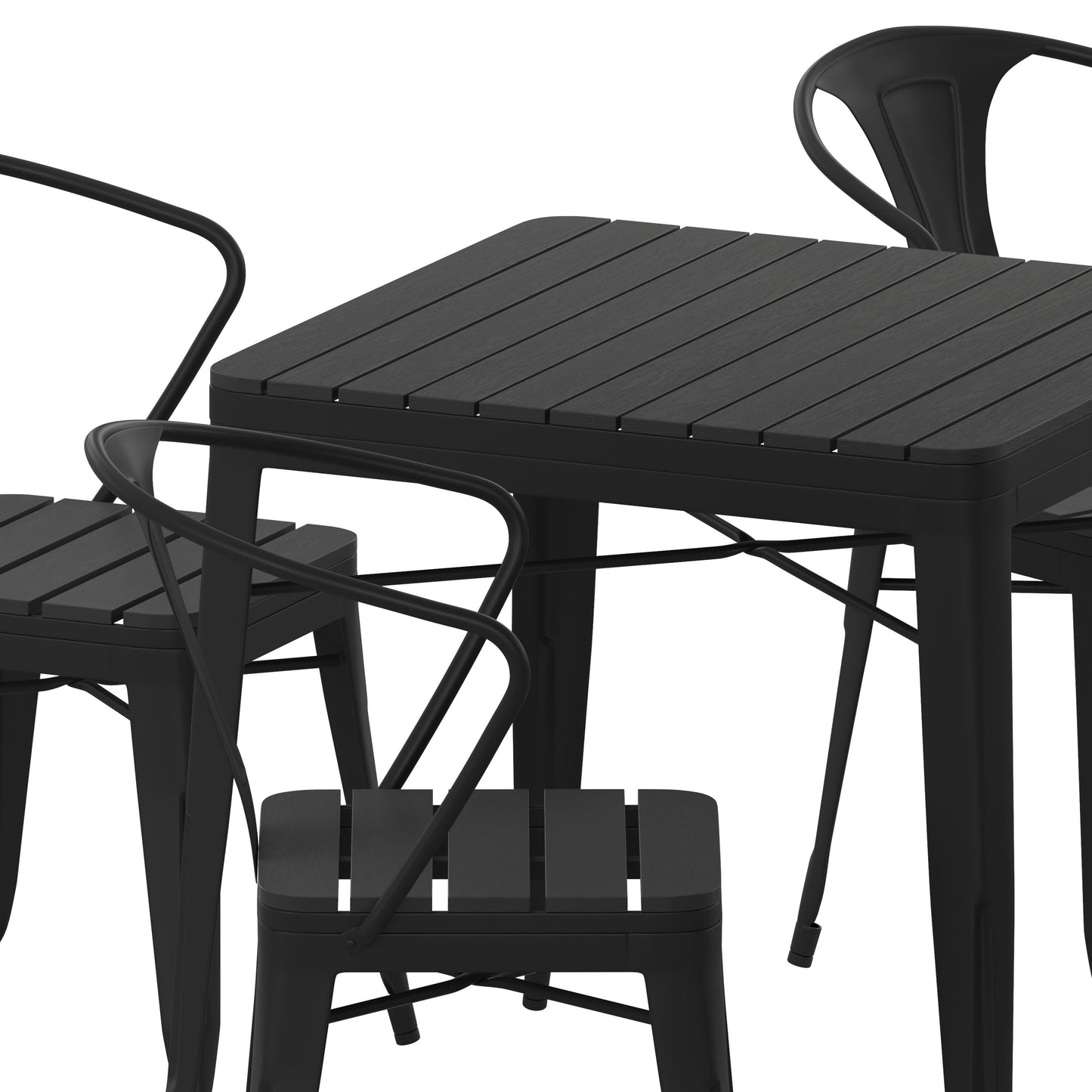 Helvey Commercial 5 Piece Indoor-Outdoor Table and Chairs, 31.5" Square Table with Poly Resin Top, 4 Metal Chairs with Poly Resin Seats