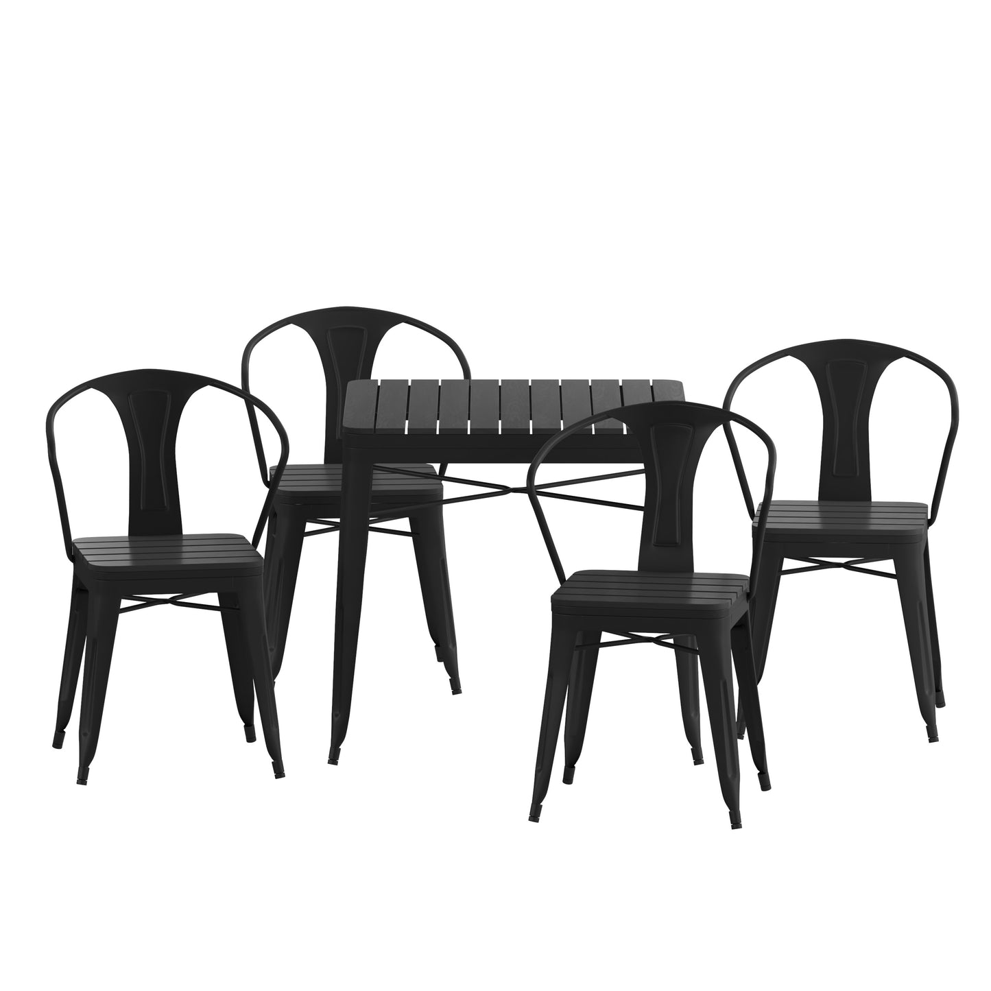 Helvey Commercial 5 Piece Indoor-Outdoor Table and Chairs, 31.5" Square Table with Poly Resin Top, 4 Metal Chairs with Poly Resin Seats