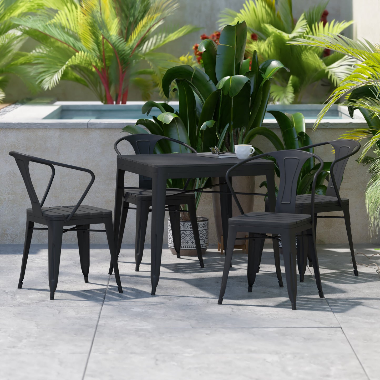 Helvey Commercial 5 Piece Indoor-Outdoor Table and Chairs, 31.5" Square Table with Poly Resin Top, 4 Metal Chairs with Poly Resin Seats