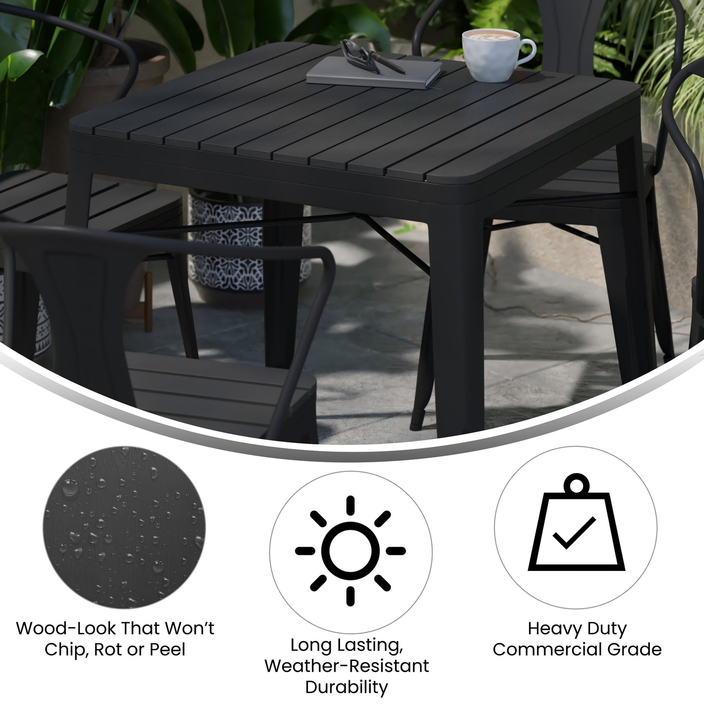 Helvey Commercial 5 Piece Indoor-Outdoor Table and Chairs, 31.5" Square Table with Poly Resin Top, 4 Metal Chairs with Poly Resin Seats