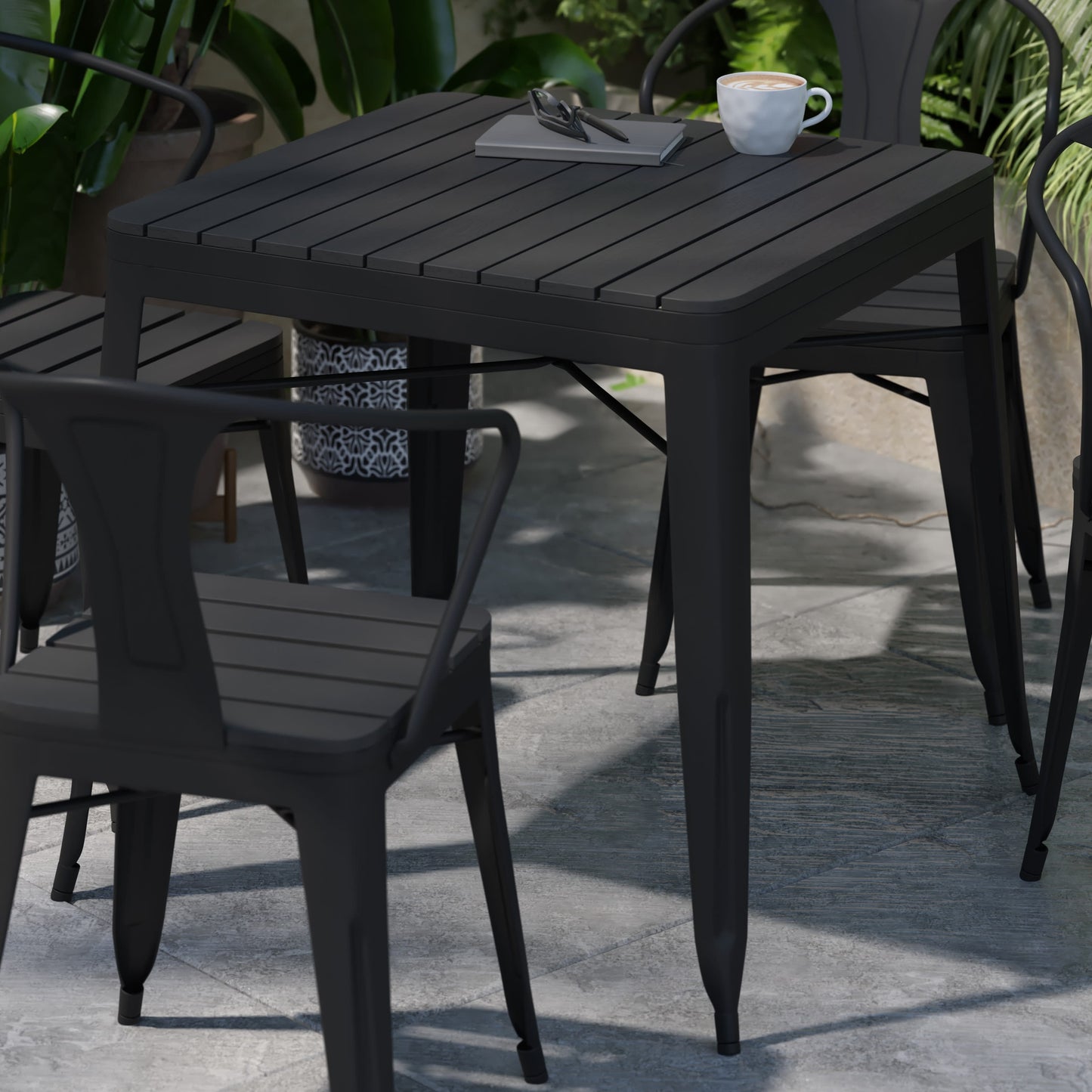 Helvey Commercial 5 Piece Indoor-Outdoor Table and Chairs, 31.5" Square Table with Poly Resin Top, 4 Metal Chairs with Poly Resin Seats