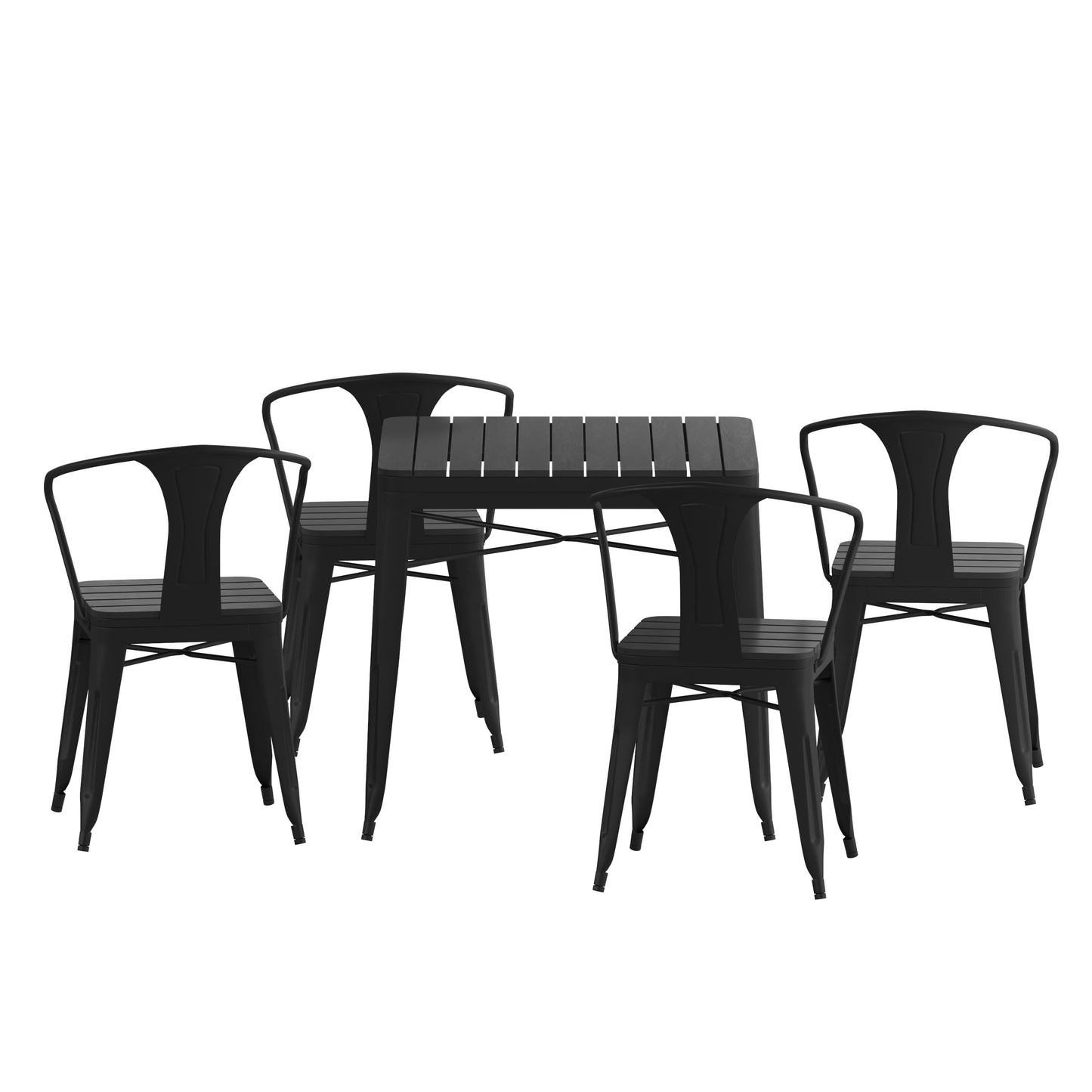 Helvey Commercial 5 Piece Indoor-Outdoor Table and Chairs, 31.5" Square Table with Poly Resin Top, 4 Metal Chairs with Poly Resin Seats