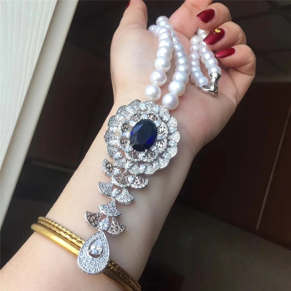 YKNRBPH 2023  Women's  Natural Freshwater Pearl Necklace Blue Zircon Boutique Temperament Sweater Chains