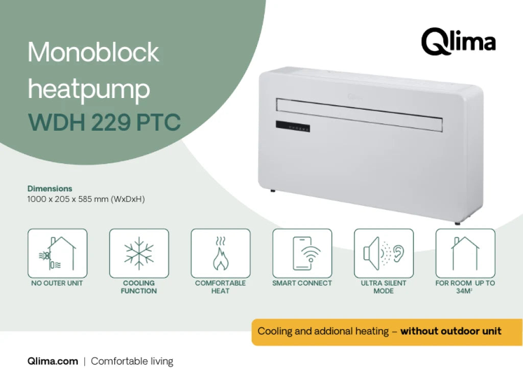 Qlima 2.6kW WIFI All-in-One Heating and Cooling Air Conditioning Unit - WDH 229 PTC - VAT-free Install Package