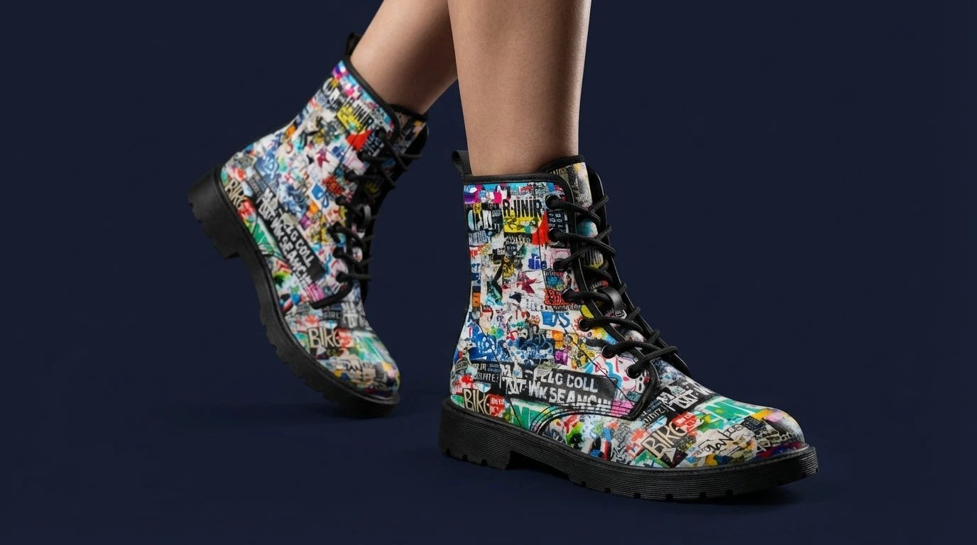 Urban Graffiti Combat Boots – All-Over Print Martin Boots – Maximalist Street Art Footwear