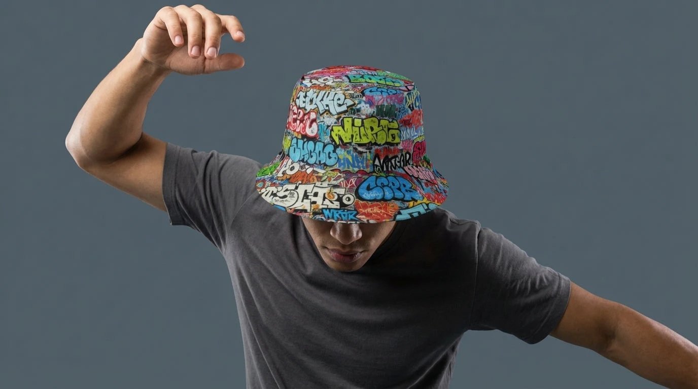 Reversible Bucket Hat — All-Over-Print Graffiti Urban Street Art, Multicolor AOP Typography, Both Sides Printed