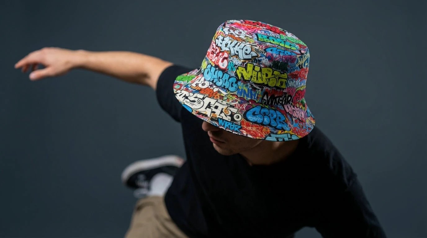 Reversible Bucket Hat — All-Over-Print Graffiti Urban Street Art, Multicolor AOP Typography, Both Sides Printed