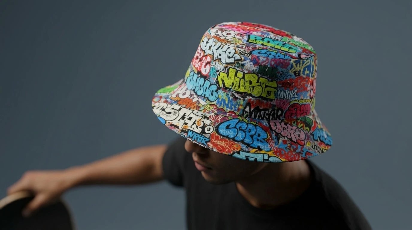 Reversible Bucket Hat — All-Over-Print Graffiti Urban Street Art, Multicolor AOP Typography, Both Sides Printed
