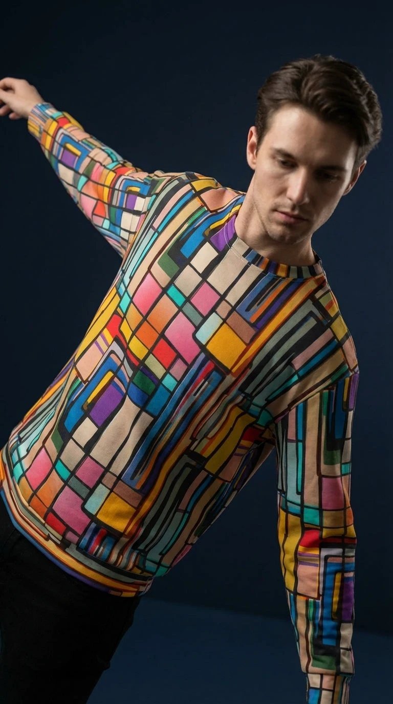 Stained Glass Geometric Sweatshirt Multicolor Abstract Art Block Pattern Unisex Pullover