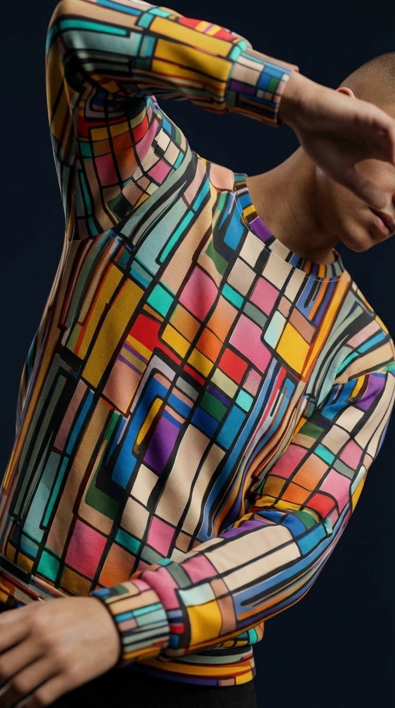 Stained Glass Geometric Sweatshirt Multicolor Abstract Art Block Pattern Unisex Pullover