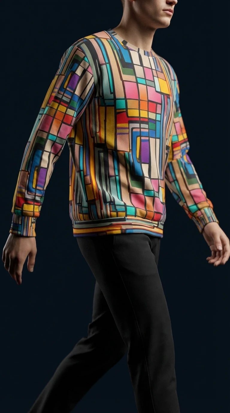 Stained Glass Geometric Sweatshirt Multicolor Abstract Art Block Pattern Unisex Pullover