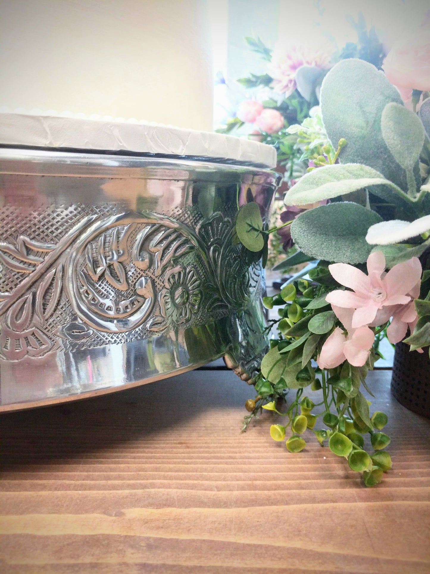 Silver 16" Floral Drum Cake Stand Rental