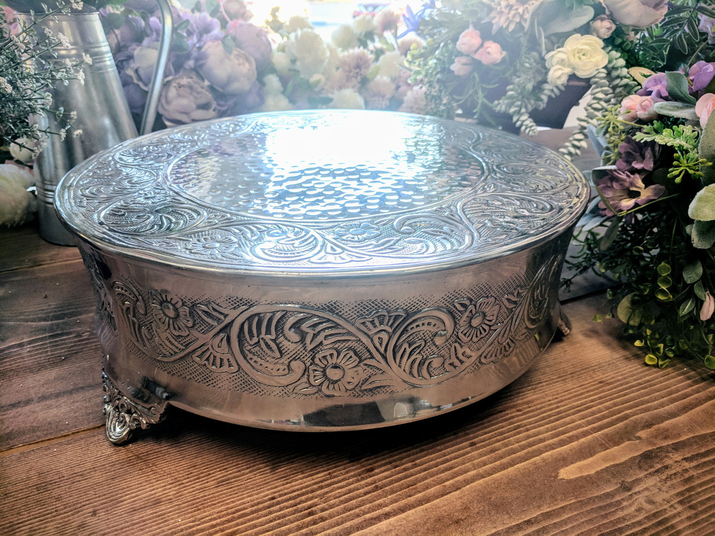 Silver 16" Floral Drum Cake Stand Rental