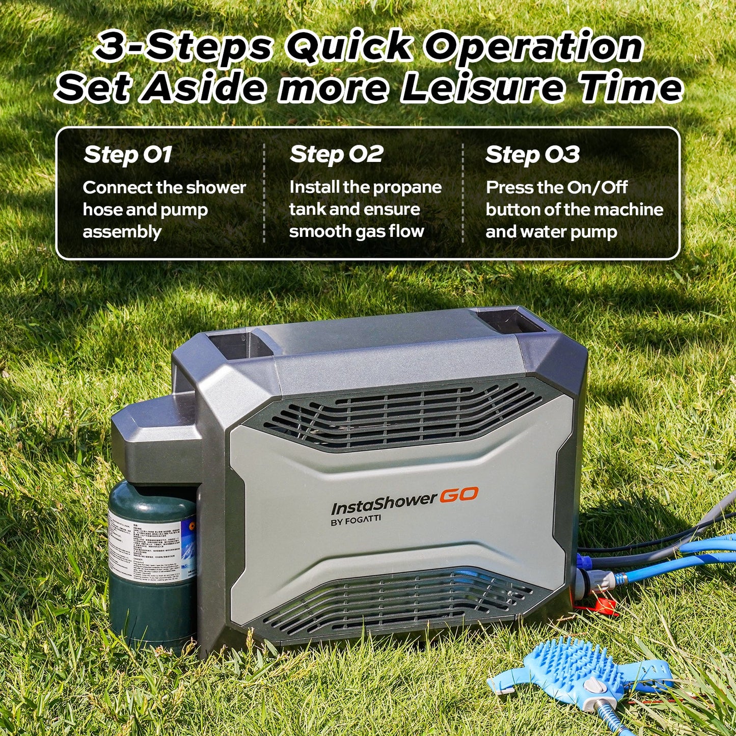 Fogatti InstaShower GO Outdoor Portable Water Heater with Water Pump, 19000BTU