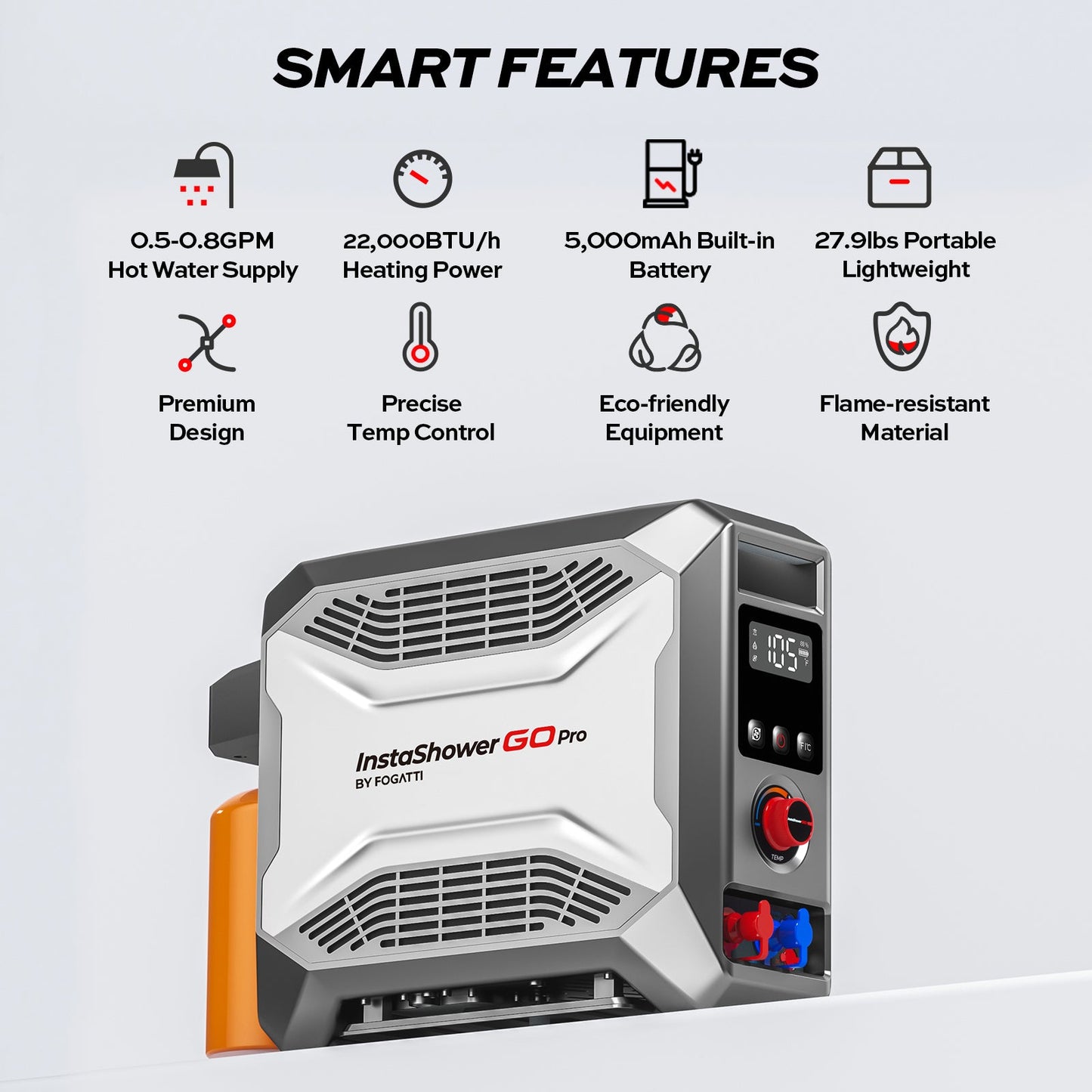 Fogatti InstaShower GO Pro Outdoor Portable Water Heater with Water Pump,22000BTU