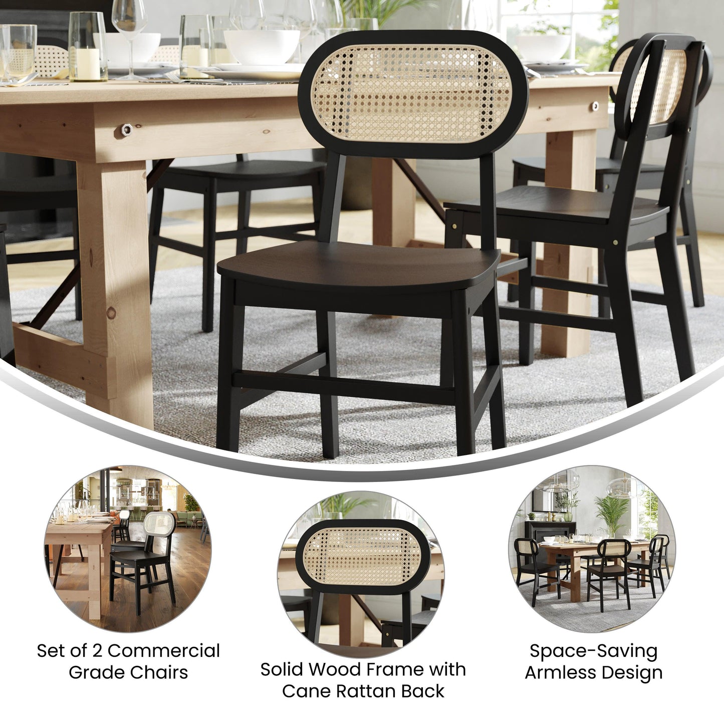 Jacob Set of 2 Commercial Cane Rattan Dining and Event Chairs with Solid Wood Frame and Seat