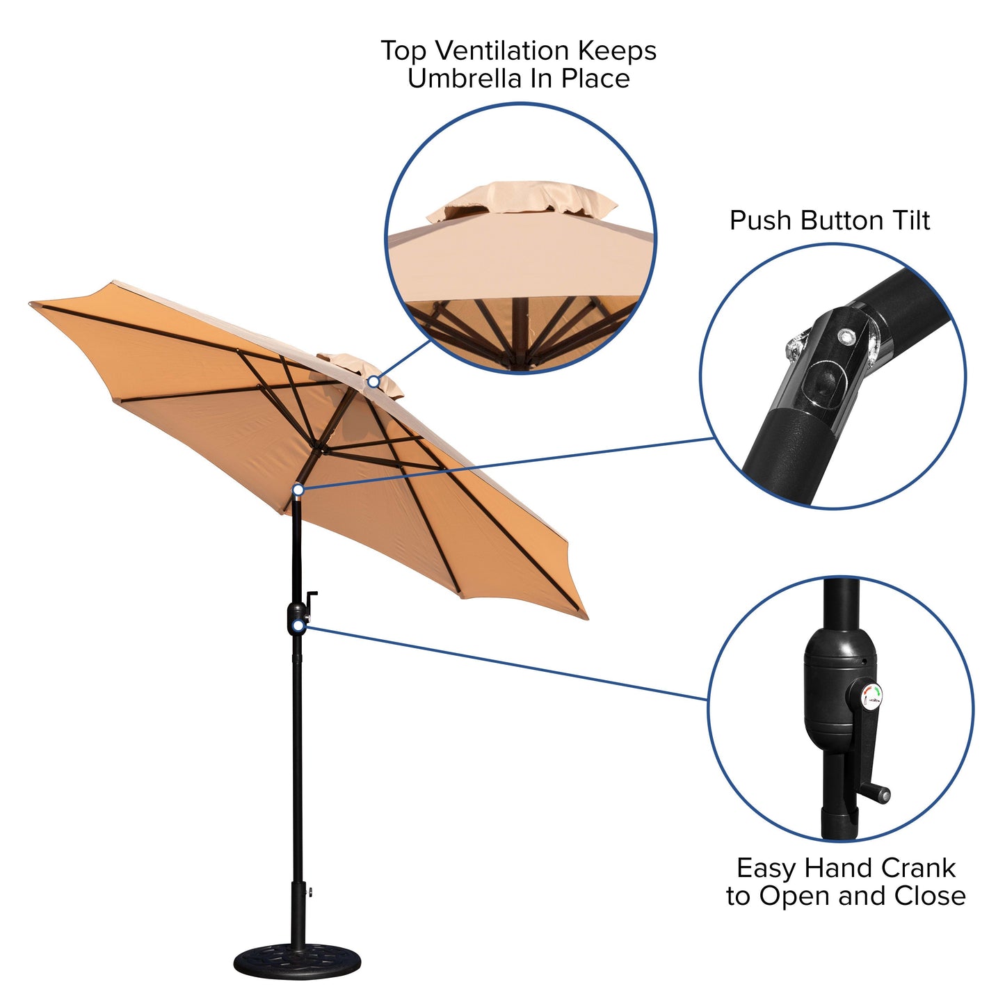 Kona9 FT Round Umbrella with Crank and Tilt Function and Standing Umbrella Base