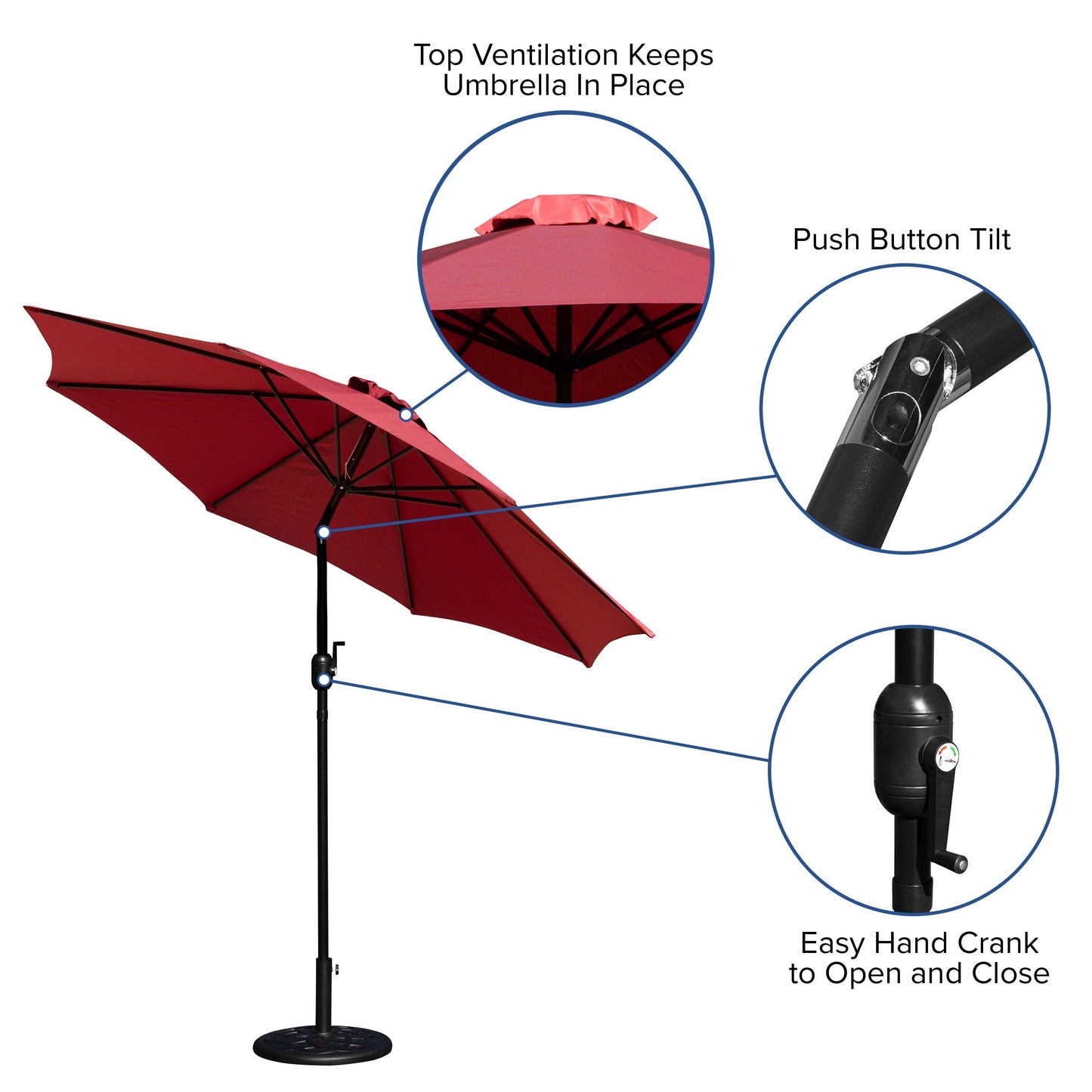 Kona9 FT Round Umbrella with Crank and Tilt Function and Standing Umbrella Base