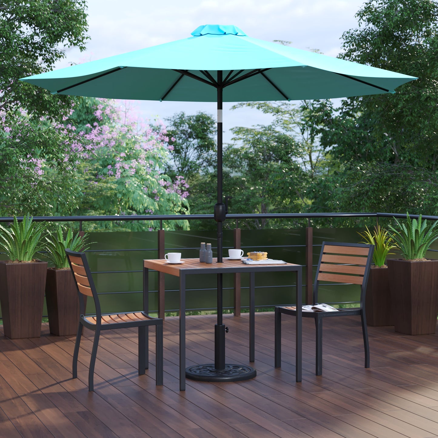 Lark 5 Piece All-Weather Deck or Patio Set with Stacking Faux Teak Chairs, Faux Teak Table & Umbrella with Base