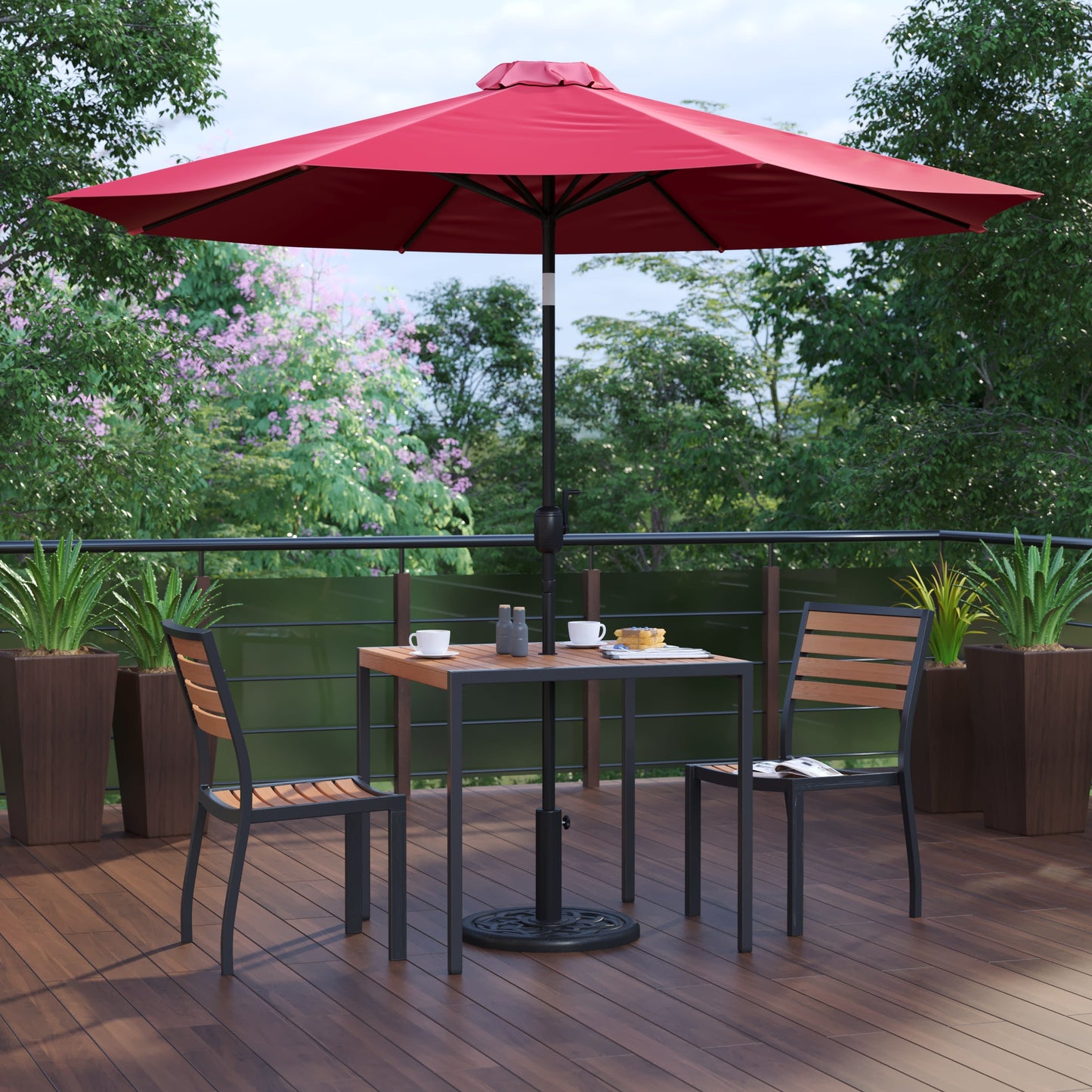 Lark 5 Piece All-Weather Deck or Patio Set with Stacking Faux Teak Chairs, Faux Teak Table & Umbrella with Base