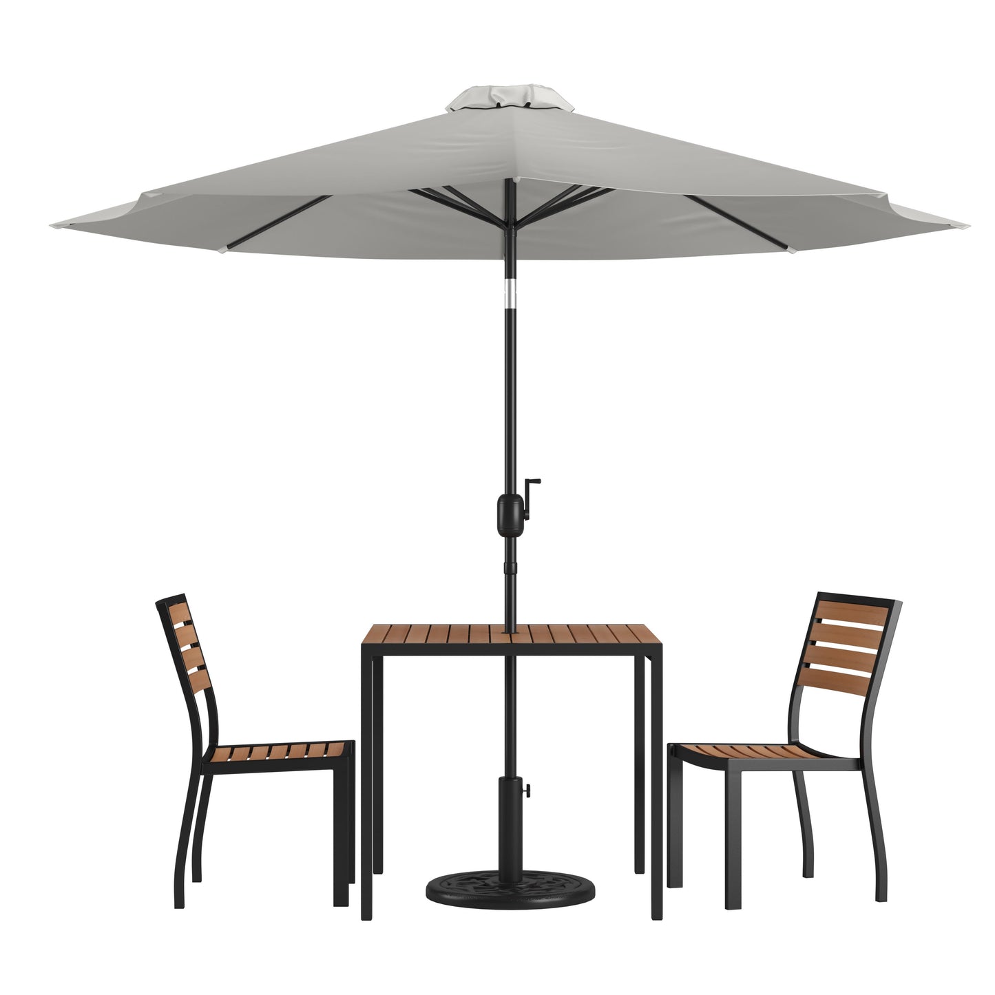 Lark 5 Piece All-Weather Deck or Patio Set with Stacking Faux Teak Chairs, Faux Teak Table & Umbrella with Base