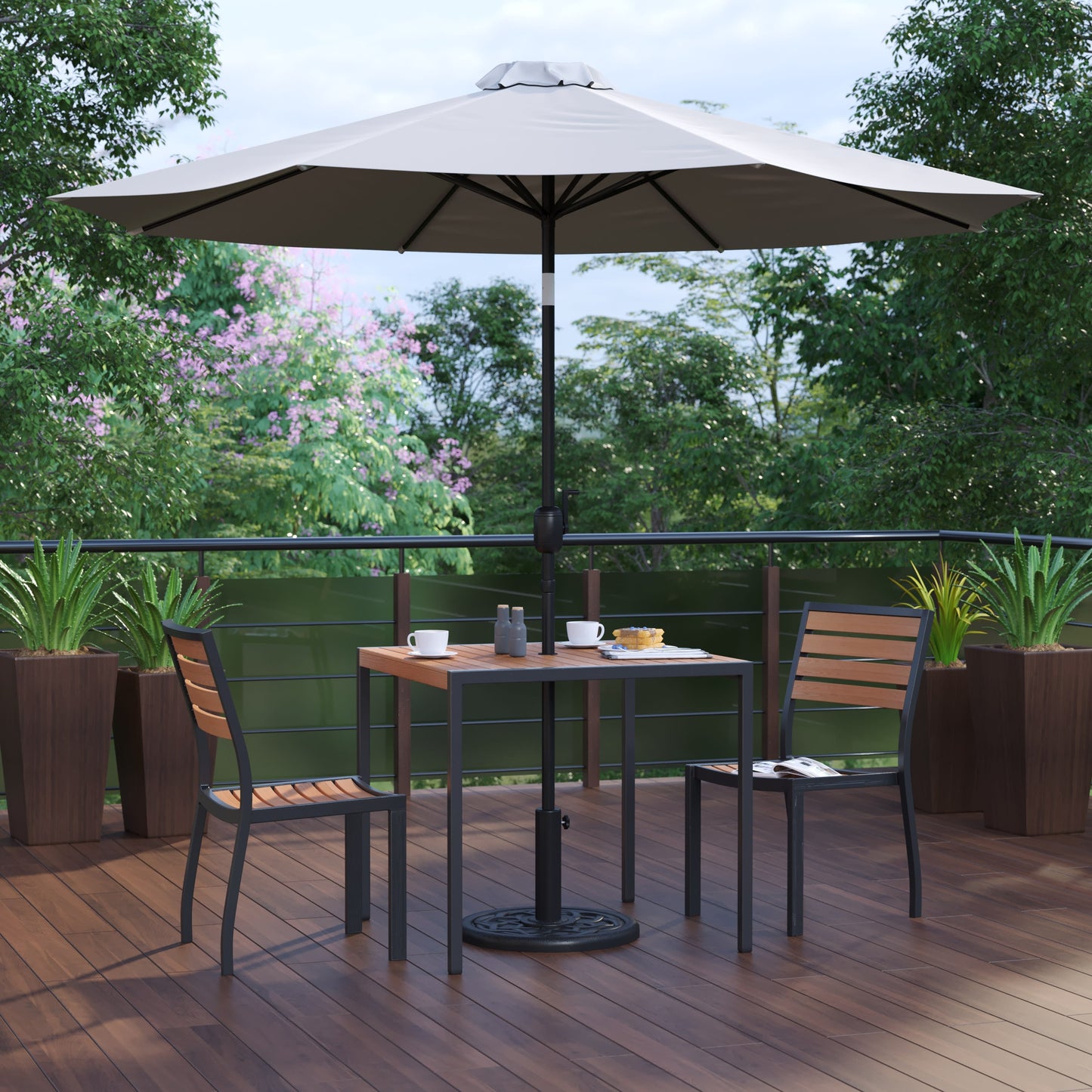Lark 5 Piece All-Weather Deck or Patio Set with Stacking Faux Teak Chairs, Faux Teak Table & Umbrella with Base