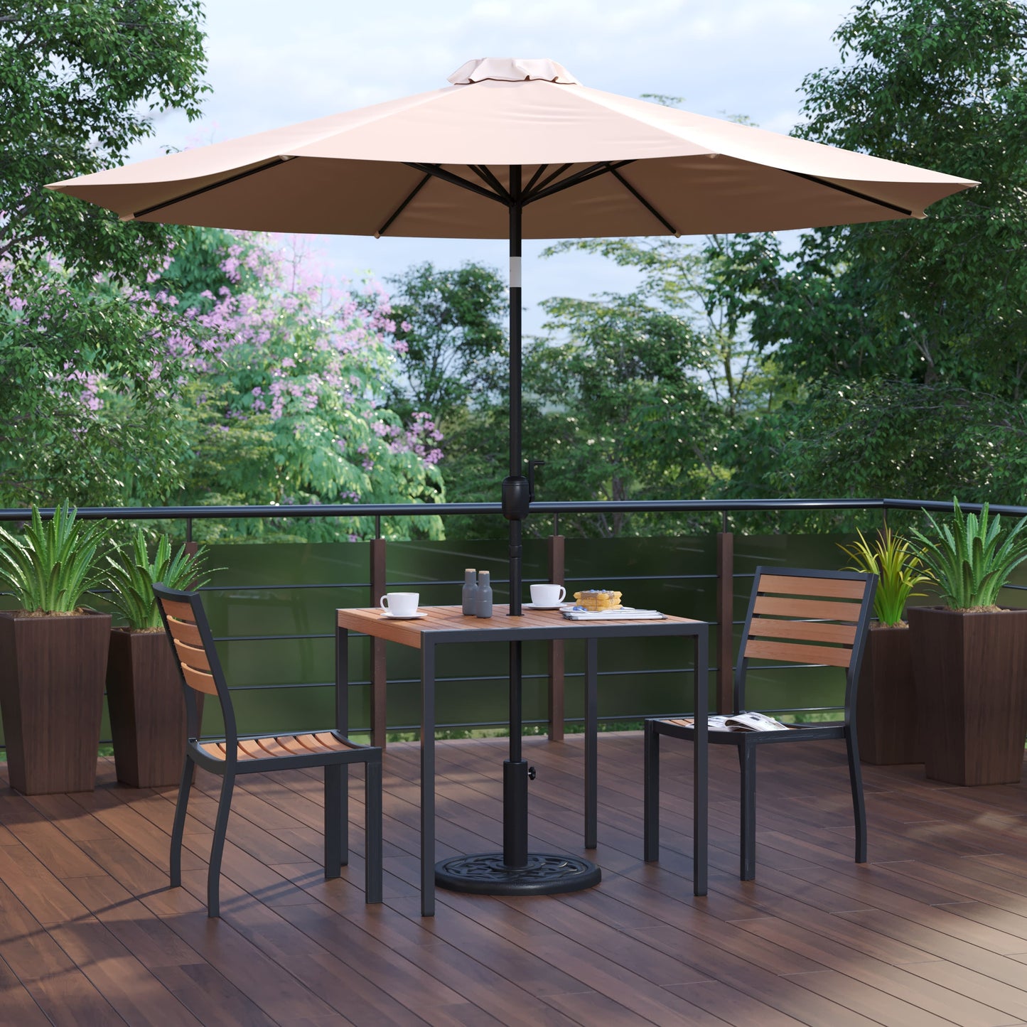 Lark 5 Piece All-Weather Deck or Patio Set with Stacking Faux Teak Chairs, Faux Teak Table & Umbrella with Base