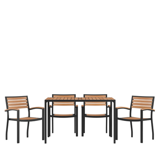 Lark 5 Piece Outdoor Dining Table Set - Synthetic Teak Poly Slats - Lark 30" x 48" Steel Framed Table with Umbrella Hole - 4 Club Chairs