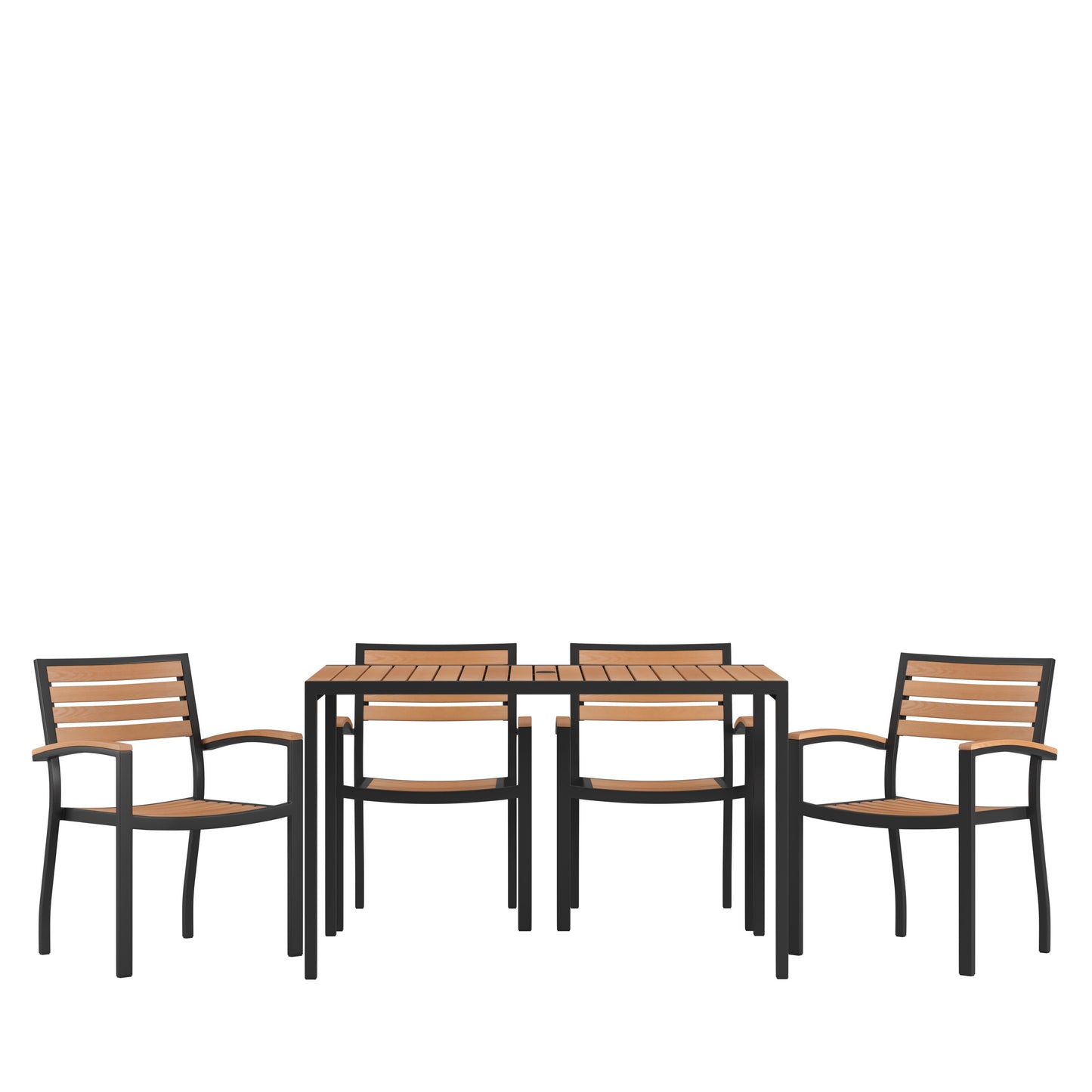 Lark 5 Piece Outdoor Dining Table Set - Synthetic Teak Poly Slats - Lark 30" x 48" Steel Framed Table with Umbrella Hole - 4 Club Chairs
